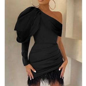 Club L one shoulder draped feather mini dress